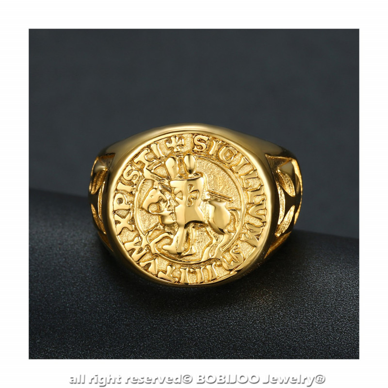 BOBIJOO Jewelry Bague Chevalière Acier Or Sceau des Templiers Christ