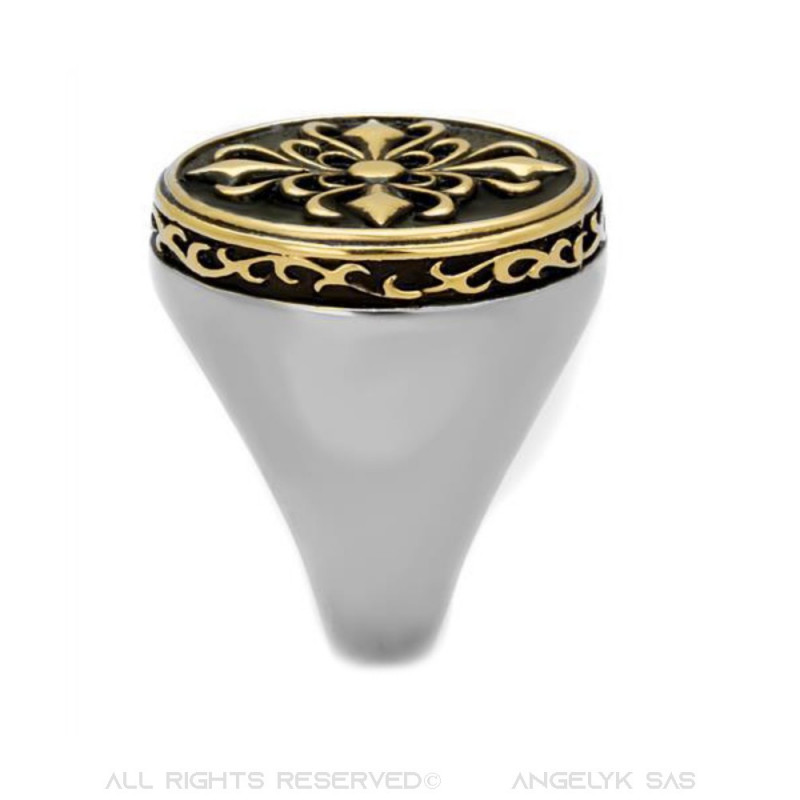 BOBIJOO Jewelry Bague Chevalière Fleur de Lys Templier Acier Or 28 90