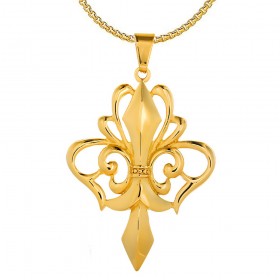 PE0161 BOBIJOO Jewelry Grande Ciondolo Collana con Fleur-de-Lis in Acciaio Placcato Oro + String