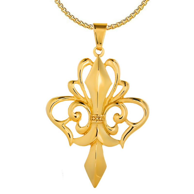 Grand Pendentif Collier Fleur de Lys Acier Plaqué Or + Chaîne bobijoo