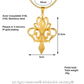 Grand Pendentif Collier Fleur de Lys Acier Plaqué Or + Chaîne bobijoo