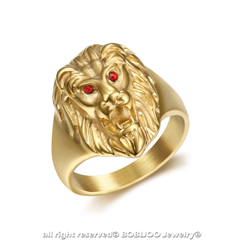 BOBIJOO Jewelry Discreet Signet Ring Lion Head Gold Eyes Red