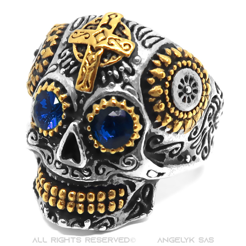 Bague t te de mort mexicaine Acier inoxydable Or Yeux bleus