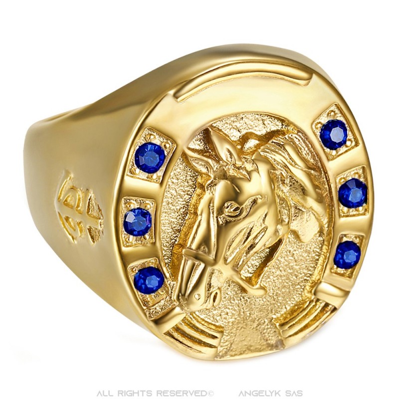 Horse ring Camargue Voyageur blue sapphire steel and gold