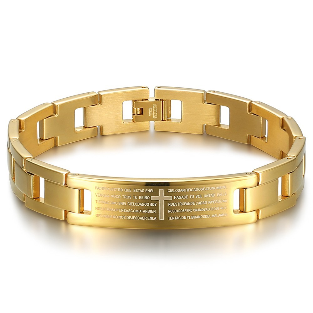 Pulsera ajustable de acero inoxidable para hombre Cruz de oro Oración