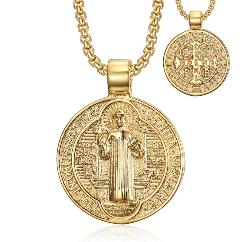 Médaille Saint Benoît Or en pendentif homme Acier inoxydable