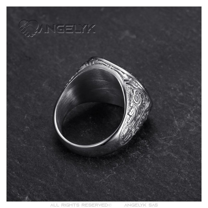 Bague T Te De Lion Cl Grecque Acier Inoxydable Argent Rouge