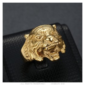 Tiger ring Chevalière man Stainless steel, gold-plated IM#26958