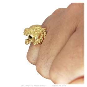 Tiger ring Chevalière man Stainless steel, fine gold plating IM#26960