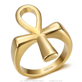 Anello Ankh Croce della Vita Egitto Acciaio inossidabile Oro IM#27118