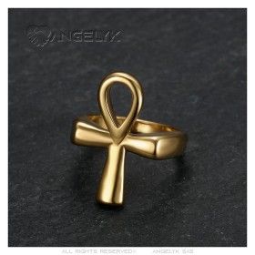 Anello Ankh Croce della Vita Egitto Acciaio inossidabile Oro IM#27119