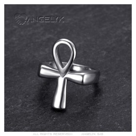 Anello Croce Ankh della vita Egitto Acciaio inossidabile Argento IM#27126