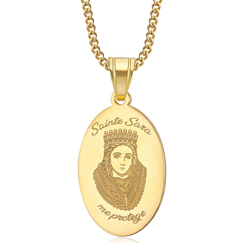 Pendant medal Saint Sara protects me Stainless steel Gold IM#27143