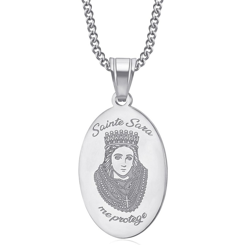 Pendant medal Saint Sara protects me Stainless steel Silver IM#27149