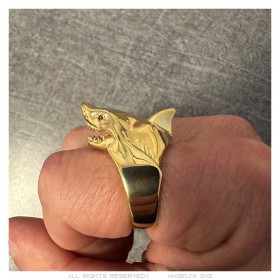 Ring Haifisch Rote Augen Edelstahl Gold IM#27199