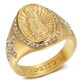 Anello della Vergine Maria Sara e Croce Acciaio Oro Diamanti  IM#27243