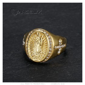 Anillo Virgen María Sara y Cruz Acero Oro Diamantes  IM#27245