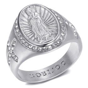 Ring der Jungfrau Maria Sara und Kreuz aus Stahl mit silbernen Diamanten  IM#27250