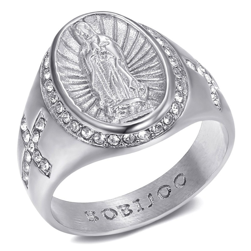 Bague de la vierge Marie Sara et Croix Acier Argent Diamants  IM#27250