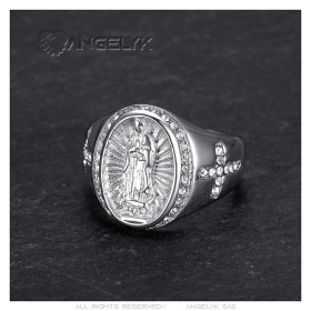 Bague de la vierge Marie Sara et Croix Acier Argent Diamants  IM#27252