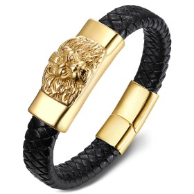 Löwen Armband Schwarzes Leder Geflochten Edelstahl Vergoldet Gold Mann  IM#27263