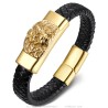 Bracelet lion Black leather braided Stainless steel Gold Homme  IM#27264