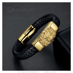 Bracelet lion Cuir noir tressé Acier inoxydable Doré Or Homme  IM#27265