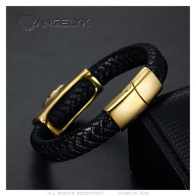 Bracciale leone Pelle nera intrecciata Acciaio inossidabile Oro Homme  IM#27266