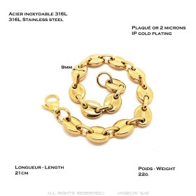 Bracciale a chicchi di caffè 7,9,11 mm Acciaio inossidabile Oro 21cm IM#27399