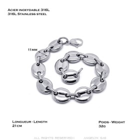 Bracciale a chicchi di caffè 7,9,11 mm Acciaio inossidabile Argento 21 cm IM#27418