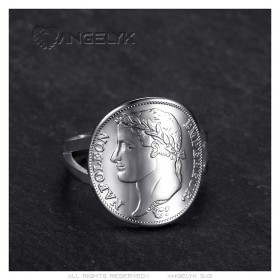 Bague pièce Réplique 20 Fr Napoléon 1er Acier inoxydable Argent  IM#27521