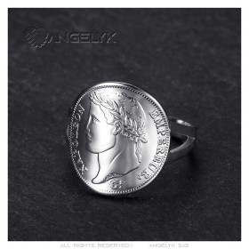 Bague pièce Réplique 20 Fr Napoléon 1er Acier inoxydable Argent  IM#27522