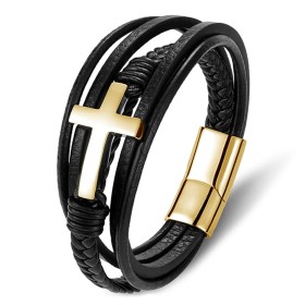 Men's cross bracelet Real black leather and stainless steel Gold27579