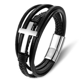 Pulsera cruzada para hombre Piel auténtica negra y acero inoxidable Plata27584