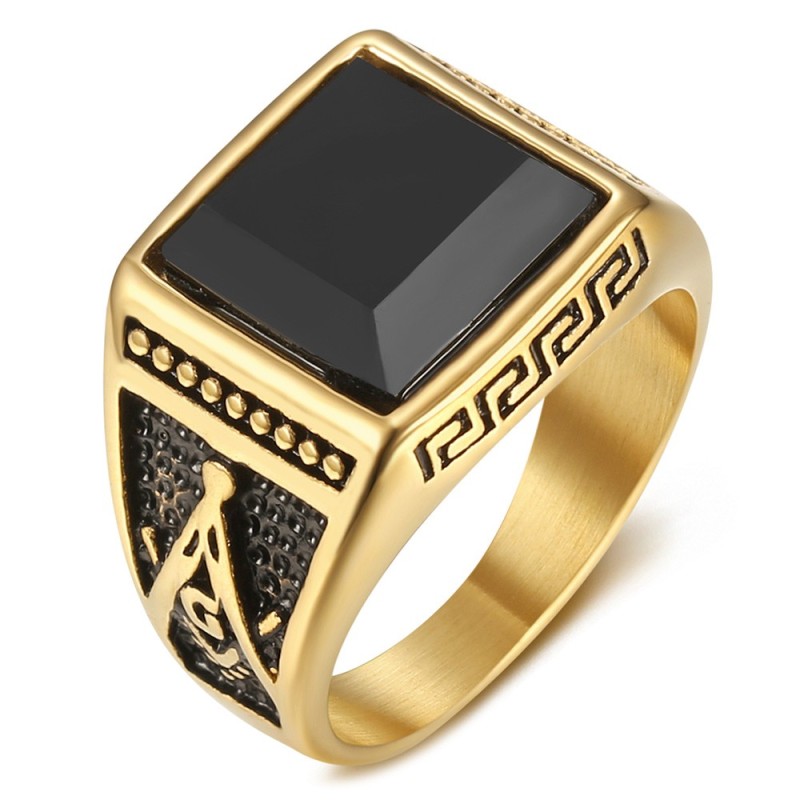 Chevaliere Bague Franc Macon Onyx I Acier Or