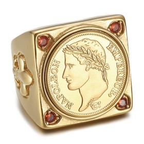 Napoleon 1er ring square Stainless steel Gold 4 Red Ruby27801