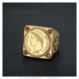 Anillo Napoleón 1er, cuadrado, acero inoxidable, 4 oros, rubí rojo27803