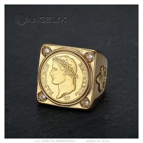 Napoleon 1er anillo cuadrado Acero inoxidable Oro 4 Diamantes27817