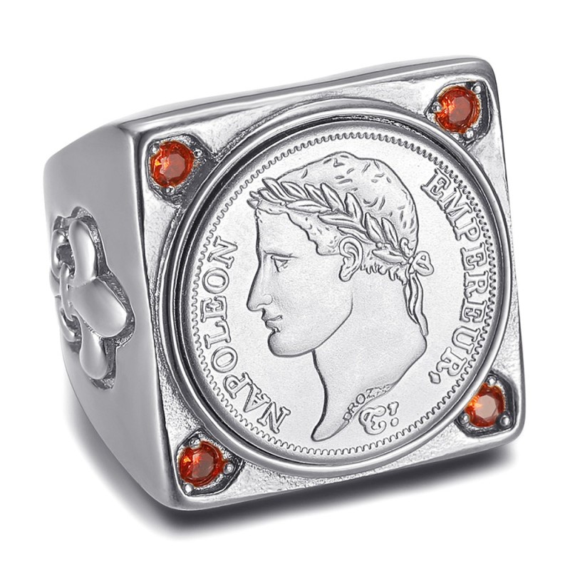 Bague Napoléon 1er carrée Acier inoxydable Argent 4 Rubis Rouge27836