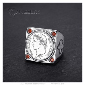 Ring Napoleon I. quadratisch Edelstahl Silber 4 Rubin Rot27838