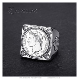 Bague Napoléon 1er carrée Acier inoxydable Argent 4 Diamants27845