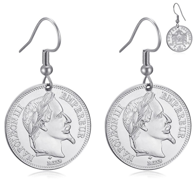 Boucles d'oreilles Napoléon 3 Acier inoxydable Argent 20 Francs28005