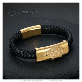 Bracelet niglo Black leather braided Stainless steel Gold Man28278