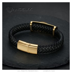 copy of Bracciale leone Pelle nera intrecciata Acciaio inossidabile Oro Homme28279