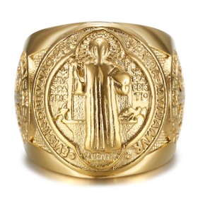 Saint-Benoît Men's Golden Steel Ring - Elegance and Sacred Protection28317