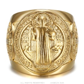 Anello Saint-Benoît da uomo in acciaio dorato - Eleganza e protezione sacra28318