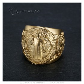 Saint-Benoît Anillo masculino de acero dorado - Elegancia y protección sagrada28319