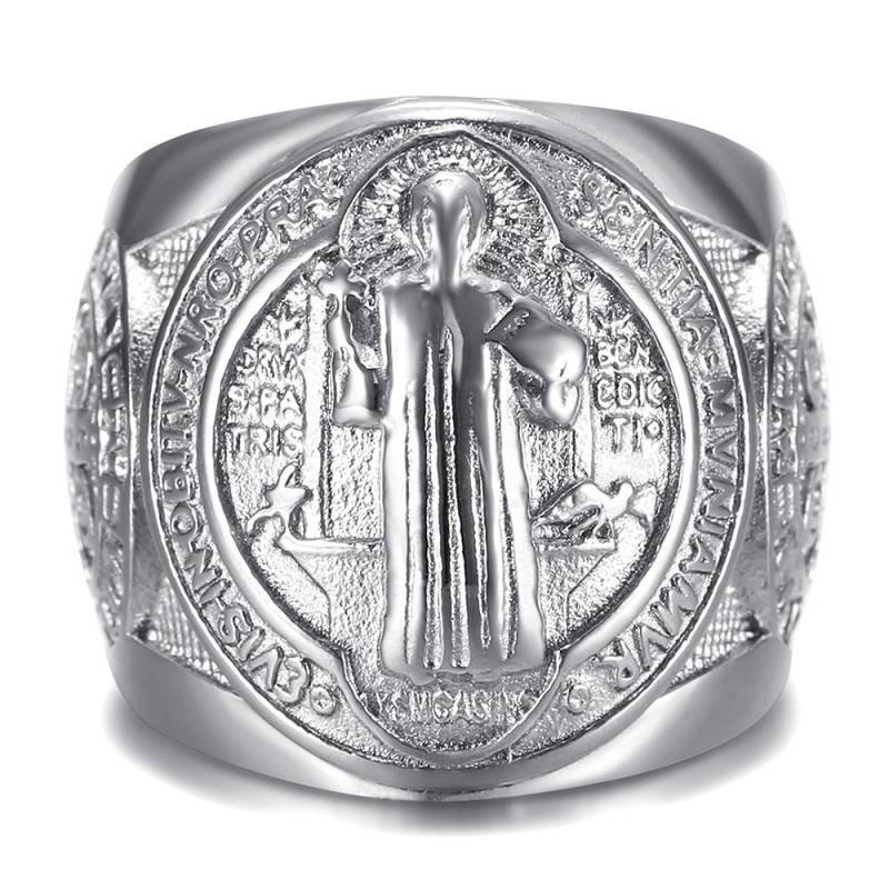 Bague Saint-Benoît Homme en Acier Argenté – Protection Sacrée28345