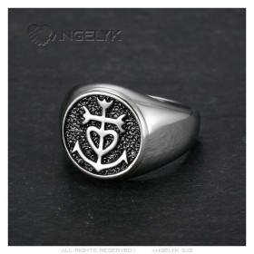 Bague Croix de Camargue Chevalière Acier Inoxydable - Argent et Noir28488