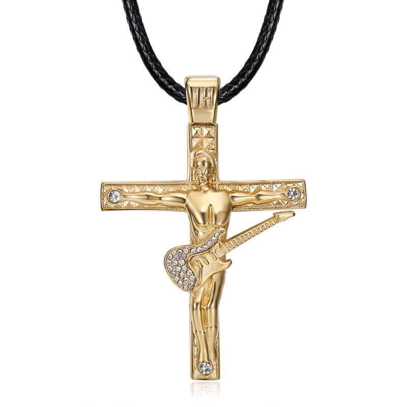 Johnny Hallyday Cross Guitar Pendant Stainless Steel Gold Sapphire28677